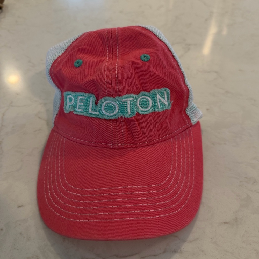 Peloton Coral Pink and Teal Blue Mesh Trucker Hat